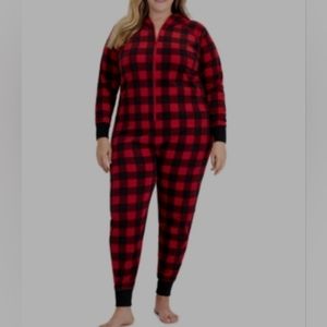 Family PJs Women's Red 1 Piece Cuffed Fleece Pajamas Red Checkered Plaid Lounge